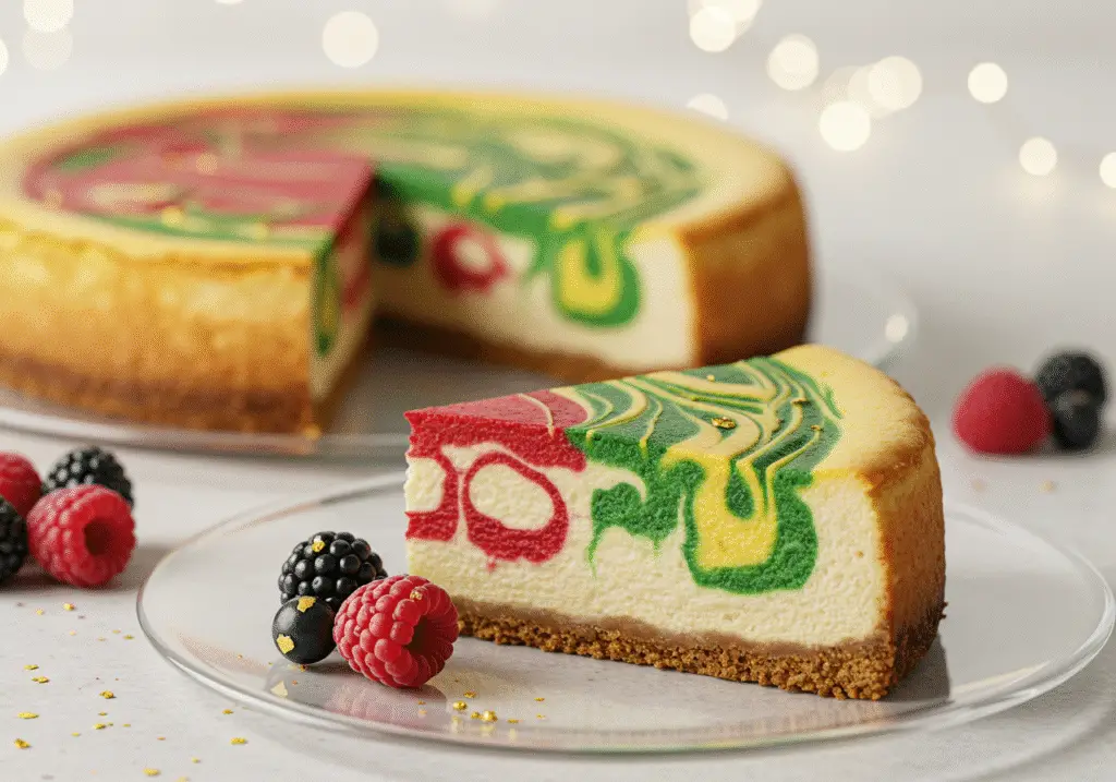 a sliced cheesecake inspired by the four Hogwarts houses, beautifully swirled with colors representing Gryffindor (red), Slytherin (green), Ravenclaw (blue), and Hufflepuff (yellow)