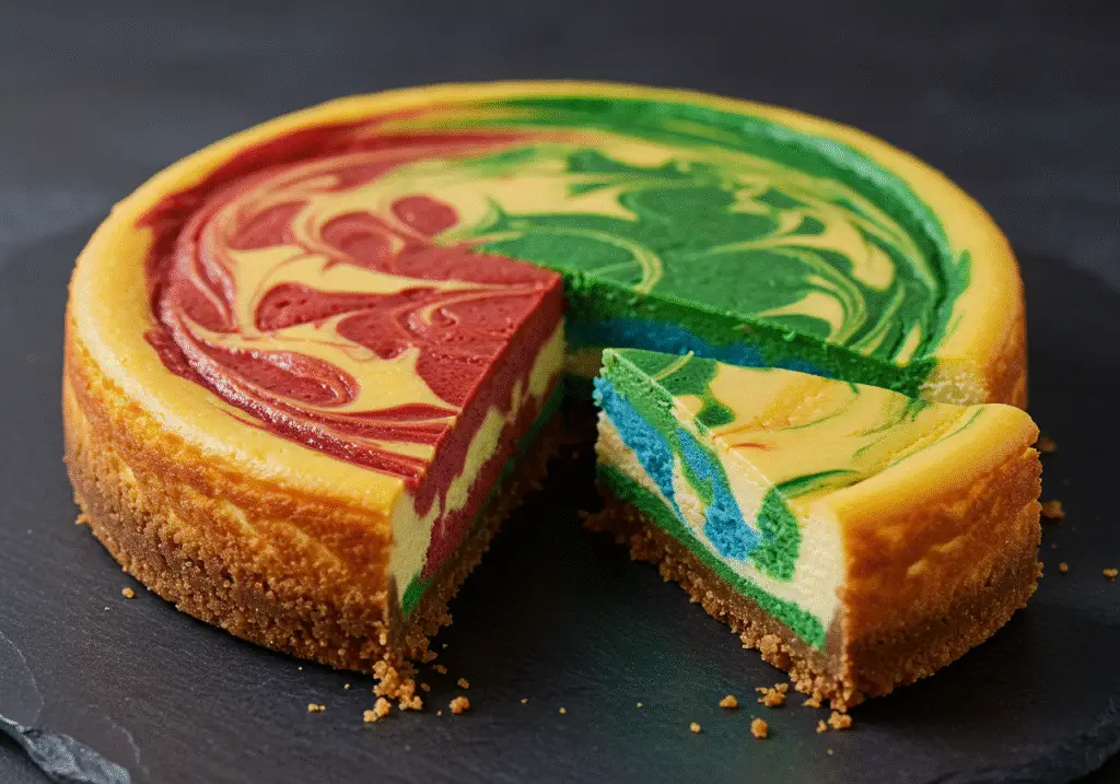 a sliced cheesecake inspired by the four Hogwarts houses, beautifully swirled with colors representing Gryffindor (red), Slytherin (green), Ravenclaw (blue), and Hufflepuff (yellow)