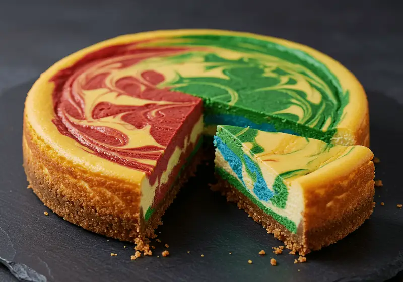 a sliced cheesecake inspired by the four Hogwarts houses, beautifully swirled with colors representing Gryffindor (red), Slytherin (green), Ravenclaw (blue), and Hufflepuff (yellow)