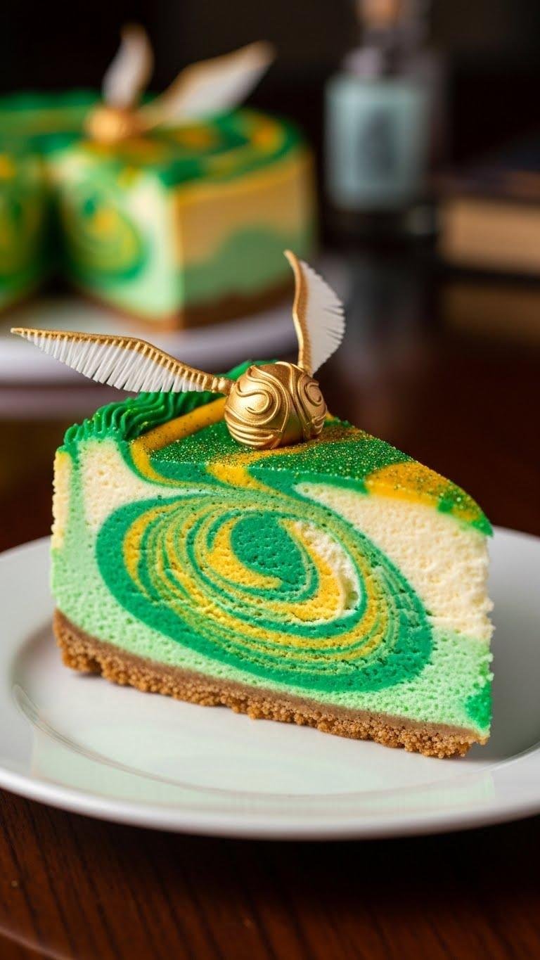 Polyjuice Potion Swirl Cheesecake slice with green and purple swirls, styled in a magical setting with potion-themed Harry Potter decor.