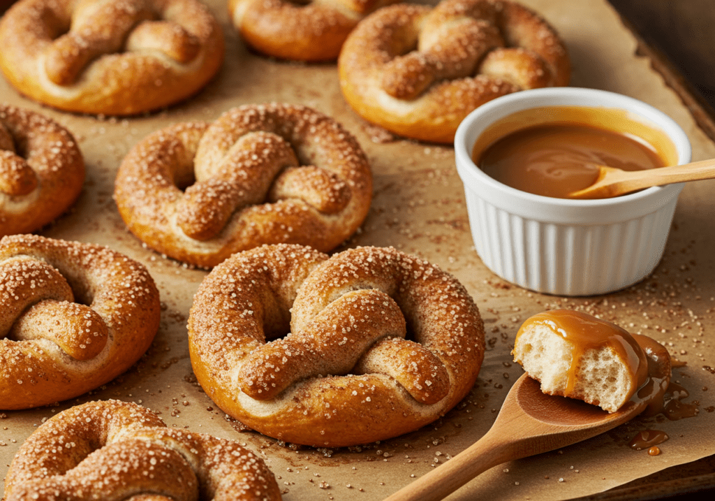 Golden brown cinnamon sugar soft pretzels with a chewy texture, coated in sweet cinnamon sugar, and served with a warm caramel dipping sauce for the perfect treat.