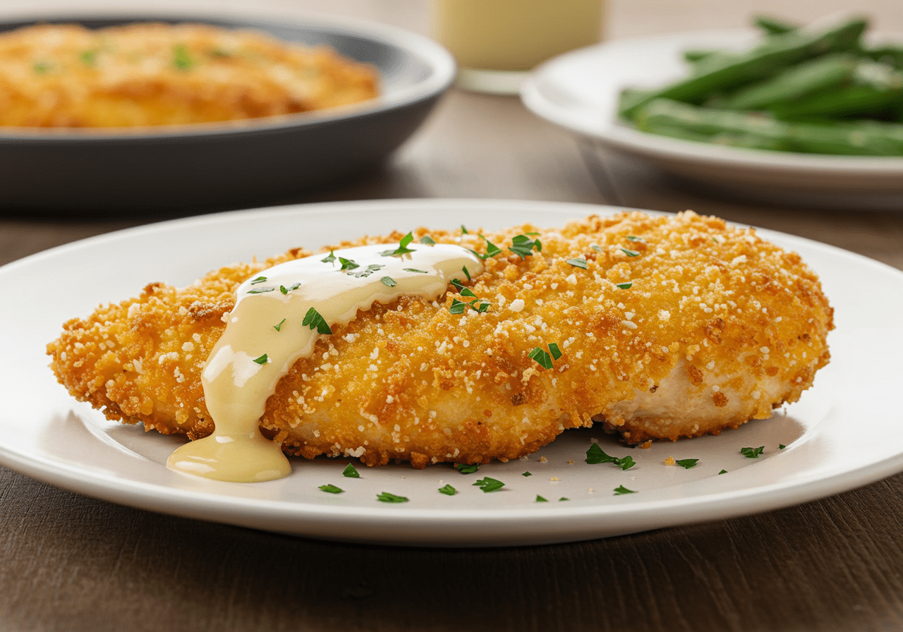 Crispy parmesan chicken with a rich, creamy garlic sauce, served with roasted vegetables for a delicious and comforting meal. Perfect for any occasion.