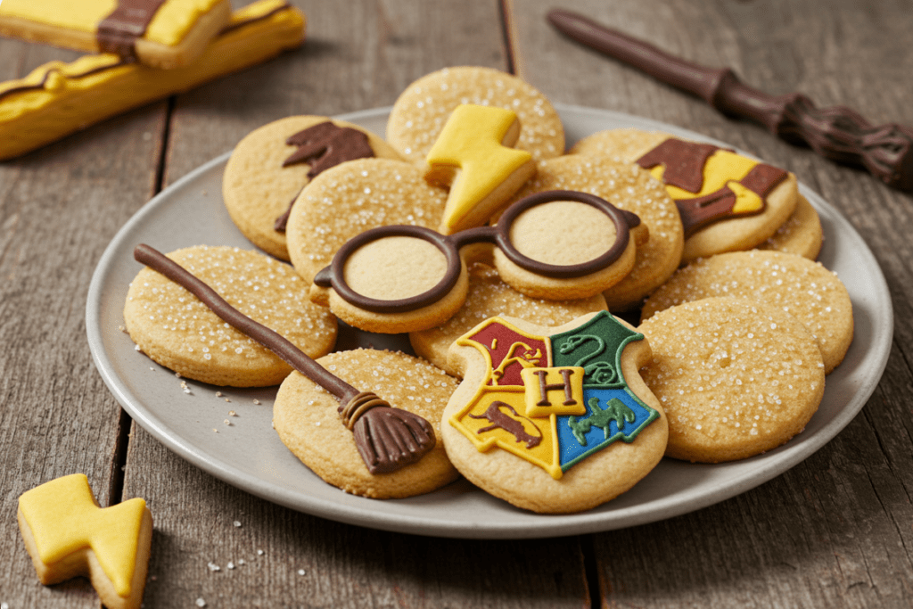 Easy Harry Potter sugar cookies decorated with magical symbols like lightning bolts and the Hogwarts crest, served with a warm cup of Butterbeer and set in a cozy, magical atmosphere.