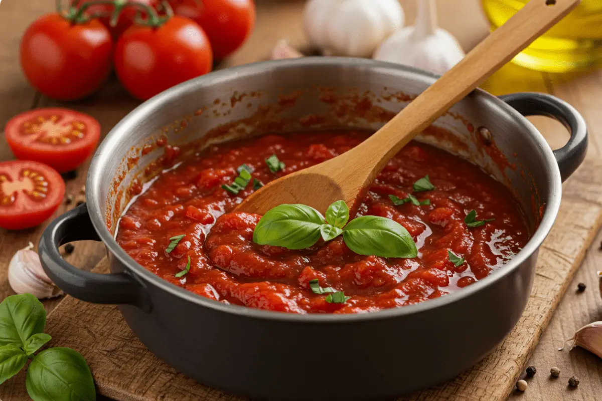 Easy homemade Italian tomato sauce with fresh tomatoes, basil, and garlic, simmering in a rustic saucepan surrounded by fresh ingredients and set in a cozy kitchen with warm, golden lighting.