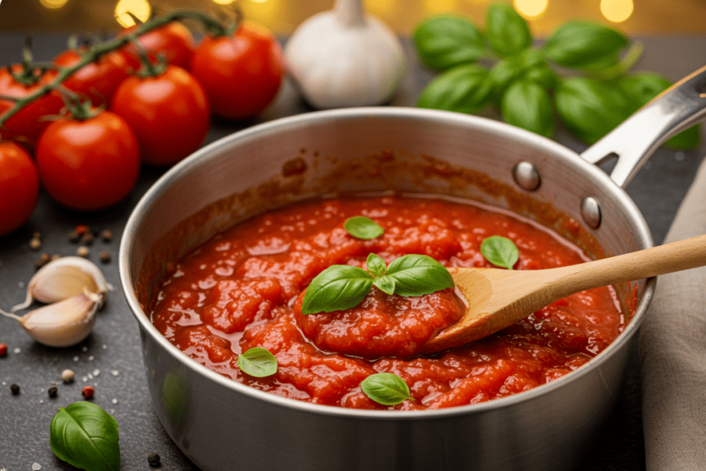 Easy homemade Italian tomato sauce with fresh tomatoes, basil, and garlic, simmering in a rustic saucepan surrounded by fresh ingredients and set in a cozy kitchen with warm, golden lighting.