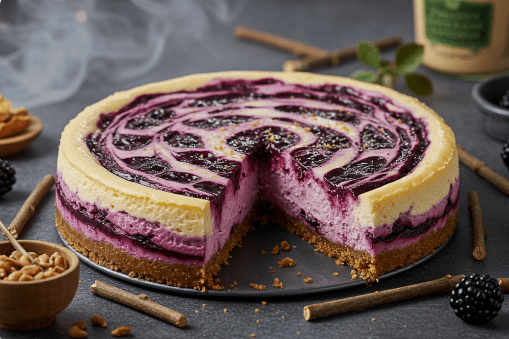 Forbidden Forest Blackberry Butterbeer Cheesecake with a creamy base, blackberry compote swirl, and butterbeer caramel drizzle, surrounded by forest-inspired decorations in a mystical, warm-lit setting.