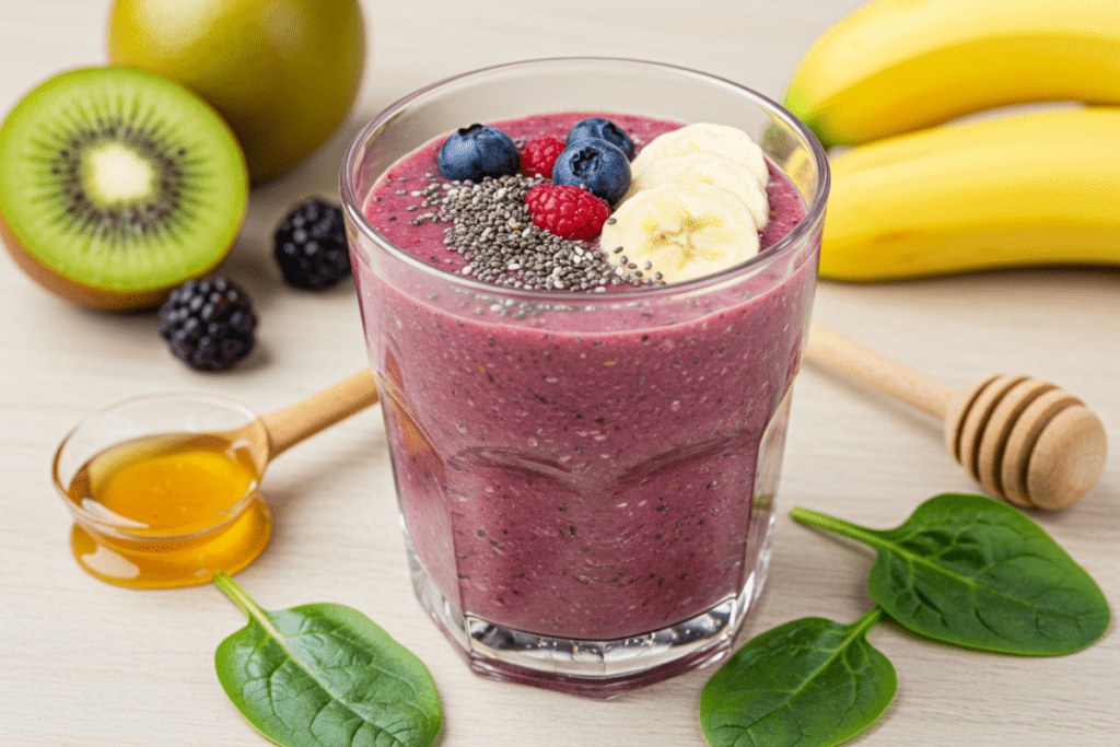Healthy and tasty smoothie made with fresh fruits like berries and banana, topped with chia seeds and fresh slices, set on a light wooden surface with natural lighting highlighting its vibrant colors.