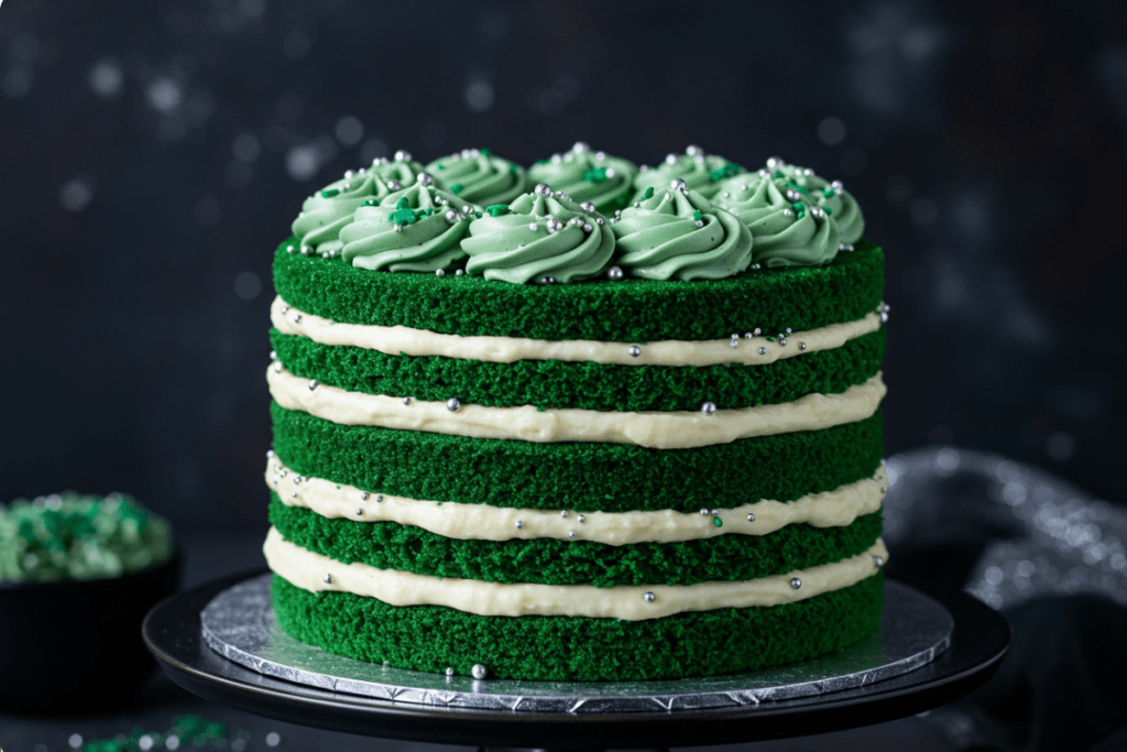 Homemade Slytherin Layer Cake with dark green velvet layers, cream cheese frosting, silver sprinkles, and sleek piping, set on a refined cake stand with soft lighting and subtle silver accents.