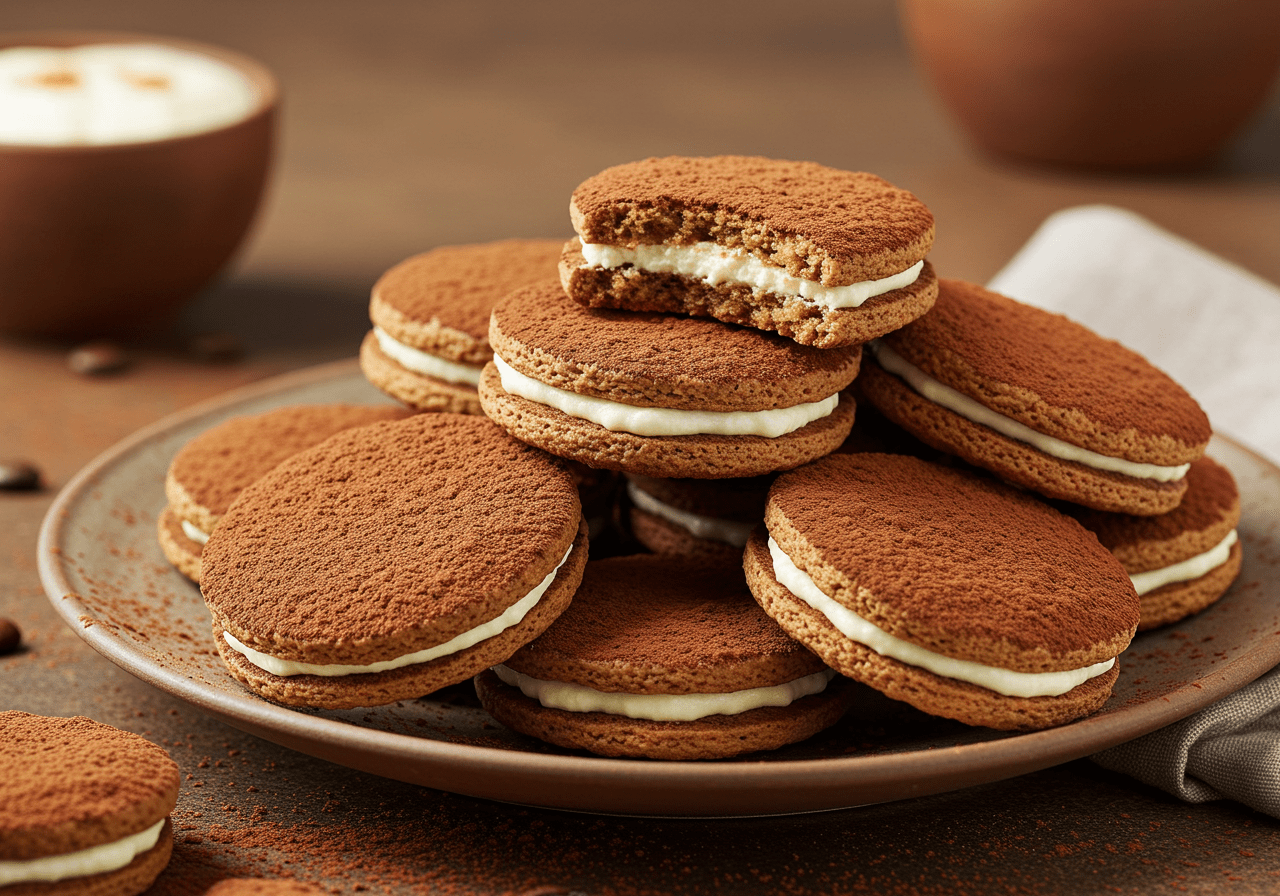 Tiramisu cookies with a golden-brown edge, soft center, and dusted with cocoa powder, showcasing a perfect blend of coffee and mascarpone cream.