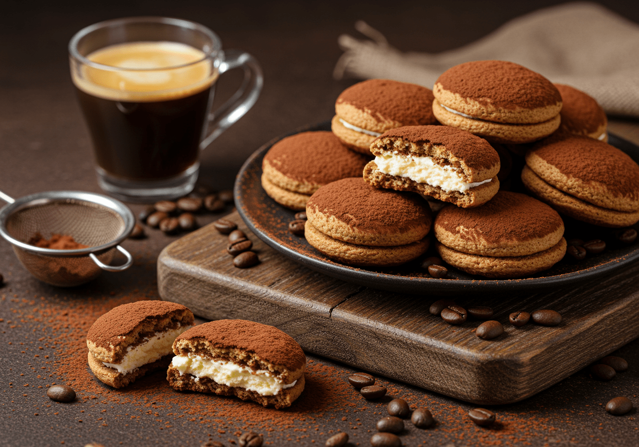 Homemade tiramisu cookies with a soft coffee-flavored base, creamy mascarpone filling, and a dusting of cocoa powder, served with espresso and coffee beans for an indulgent, café-style treat