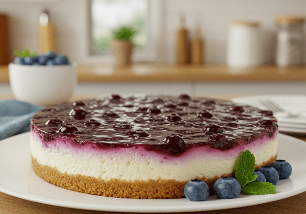 A slice of no-bake blueberry cheesecake served on a white plate, showcasing its distinct layers. The smooth cheesecake filling contrasts with the vibrant blueberry topping, garnished with fresh blueberries and a mint leaf for a visually appealing, delicious treat