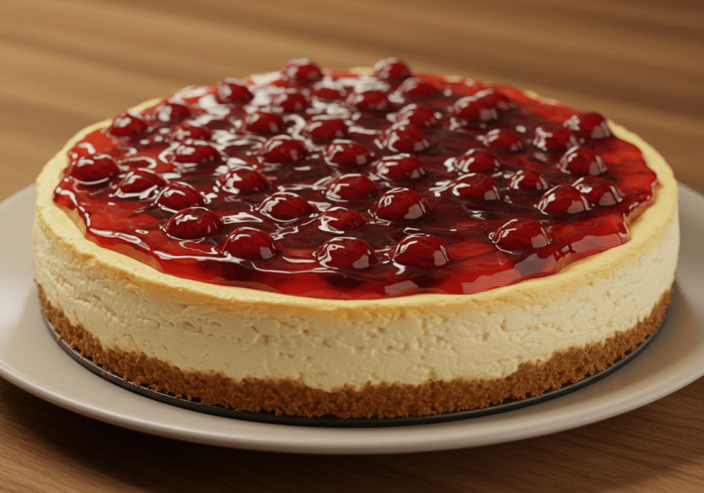 A slice of no-bake cherry cheesecake on a plate, with a golden graham cracker crust and creamy cheesecake filling. The rich red cherries on top glisten, creating a visually inviting and delicious dessert.