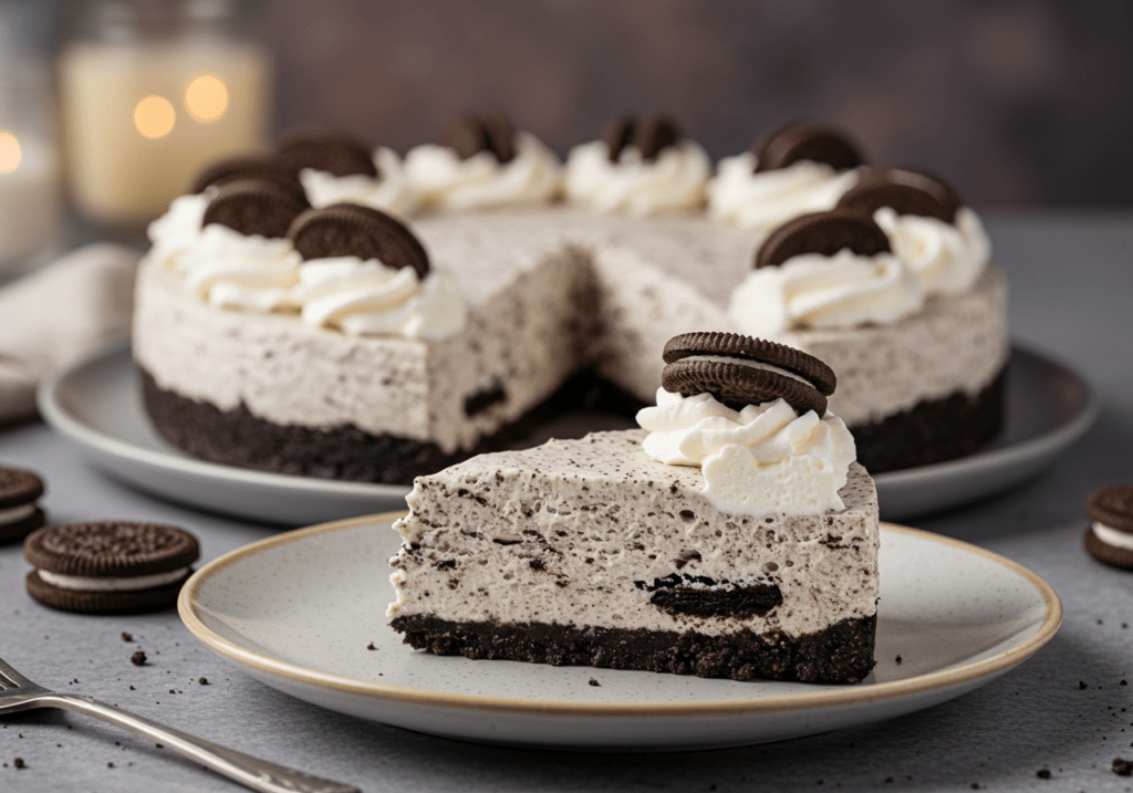 A fully set no-bake Oreo cheesecake with a rich, creamy filling and an Oreo crust, garnished with whipped cream and crushed cookies.