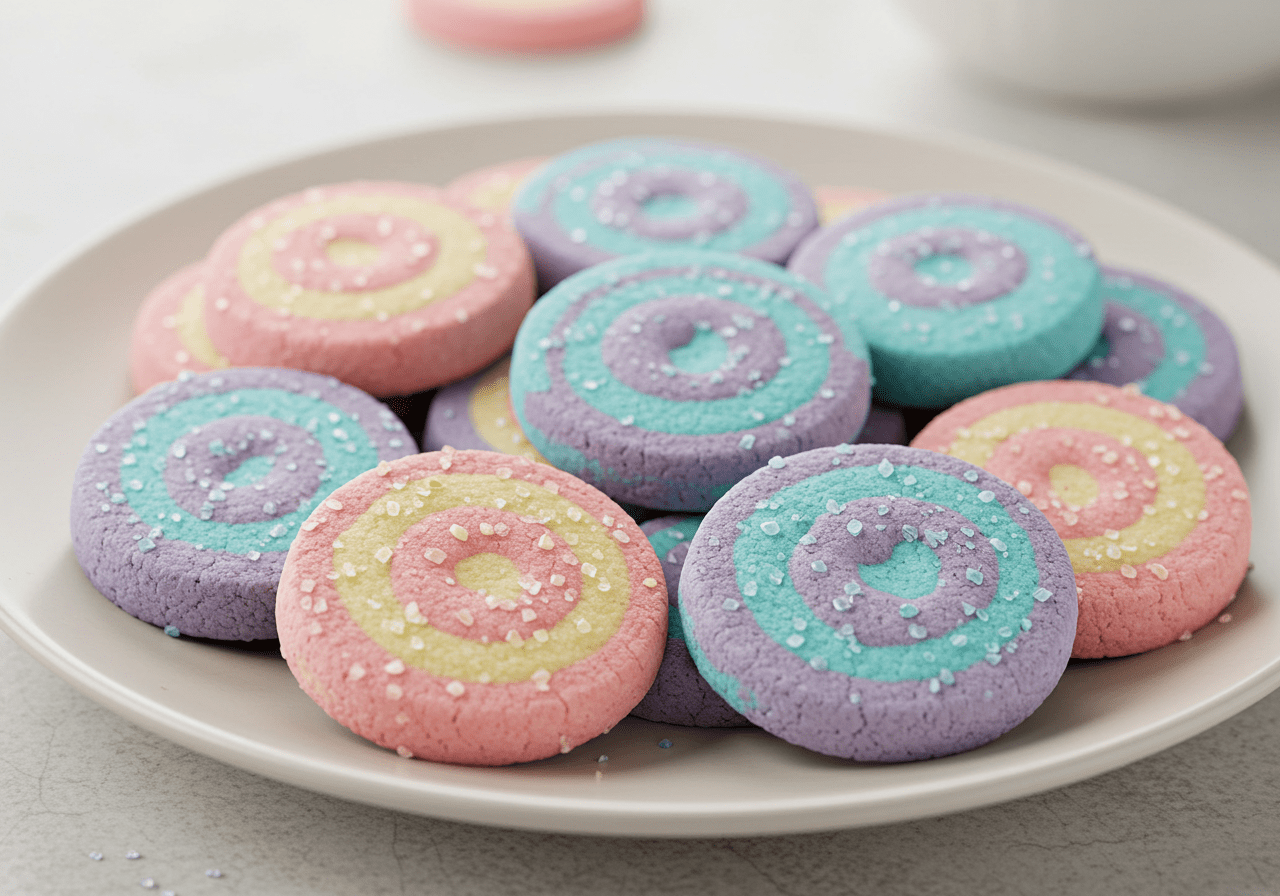 Pastel swirl butter cookies in soft pink, blue, and lavender shades, sprinkled with sugar and arranged on a plate, perfect for a spring-themed dessert or treat.