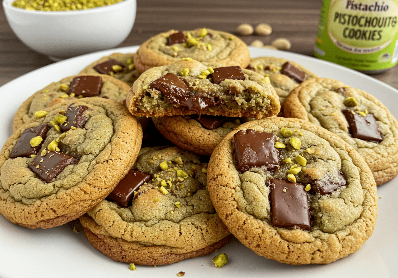 Pistachio cream chocolate chunk cookies with rich dark chocolate chunks and a unique pistachio green hue, featuring a soft, chewy center and golden edges, garnished with crushed pistachios for added texture and flavor