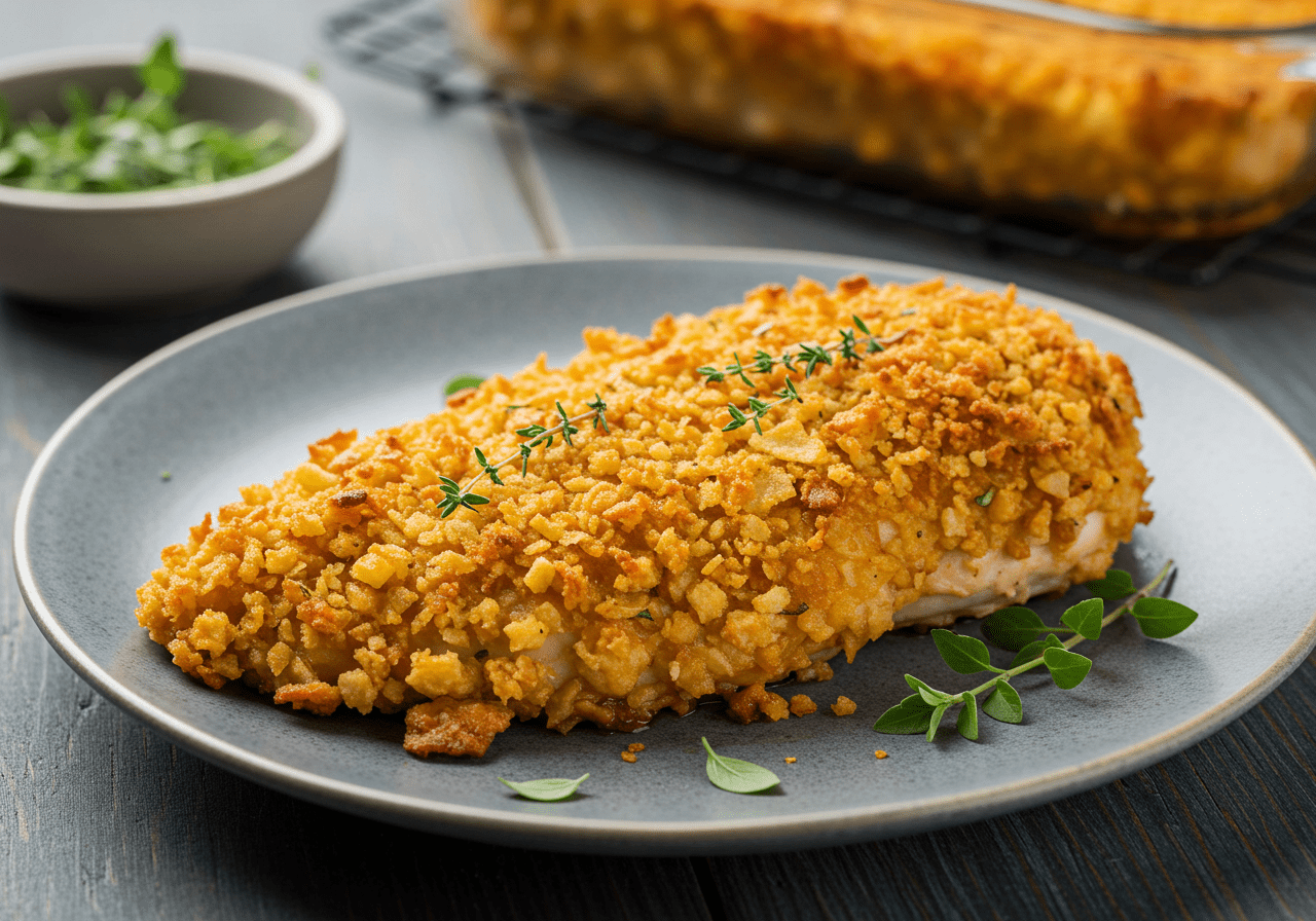 A plated portion of Potato Chip Chicken, with a golden, crispy crust made from crushed chips, perfectly cooked on the inside, and garnished with fresh herbs for a flavorful presentation.