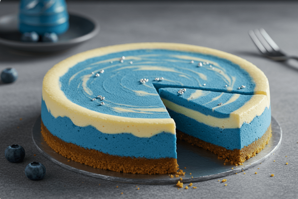 Ravenclaw Blue Velvet Cheesecake with vanilla bean frosting, fresh blueberries, and edible gold accents, set against a dark, elegant backdrop with soft lighting to highlight its rich blue and white layers
