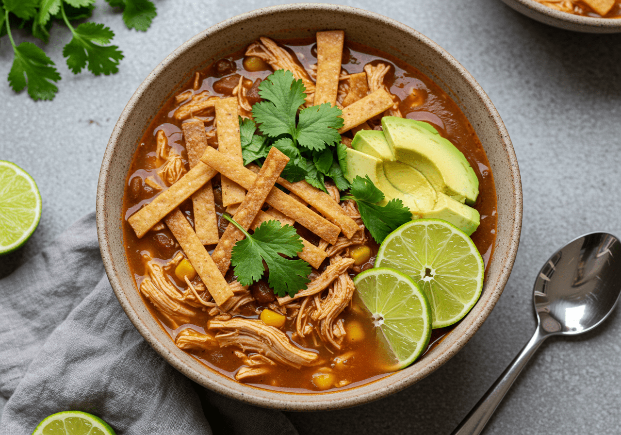 A bowl of slow cooker chicken tortilla soup, filled with shredded chicken, crispy tortilla strips, avocado, and fresh garnishes, served in a rustic ceramic dish.