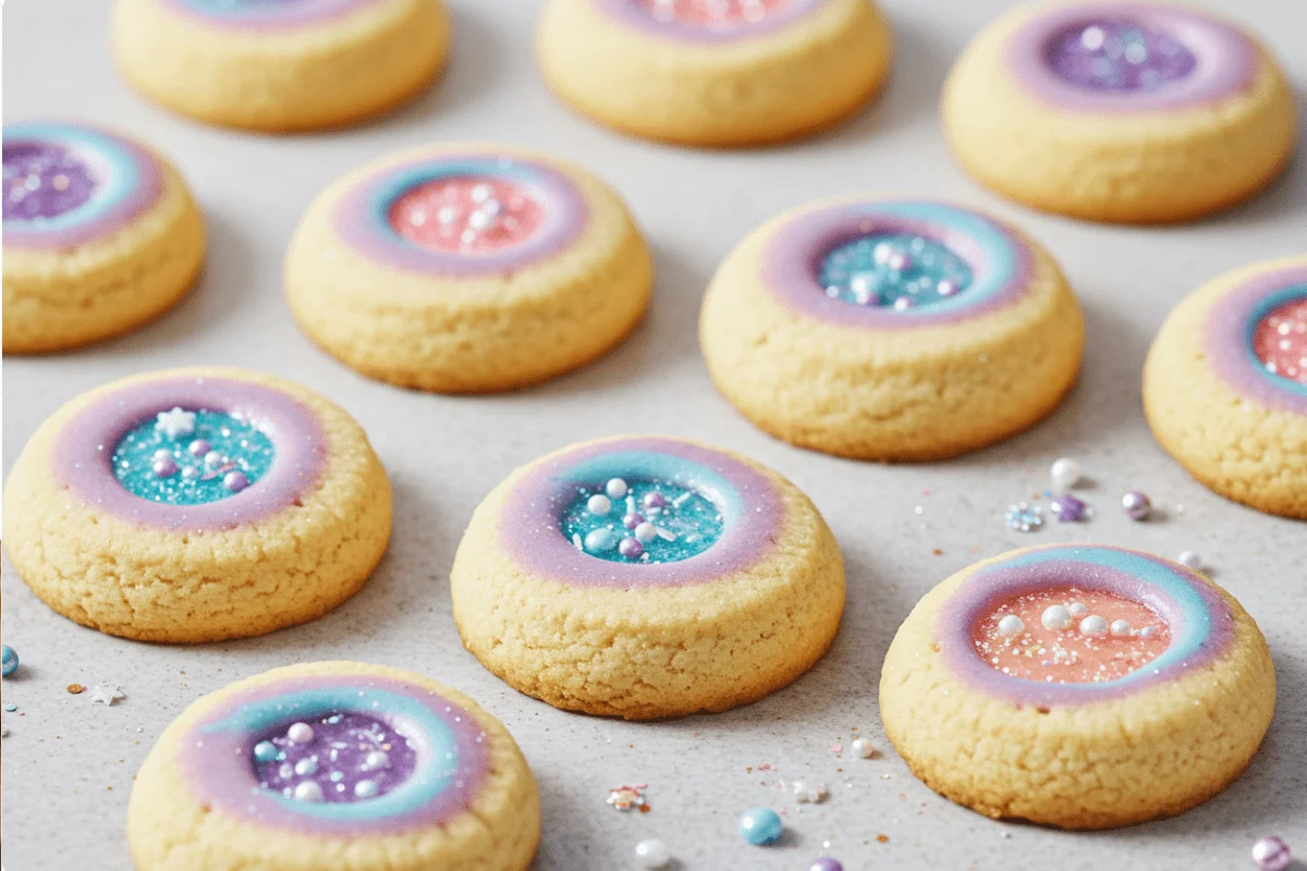 Unicorn swirl thumbprint cookies with pastel pink, blue, and purple icing swirls, filled with iridescent glaze and topped with edible glitter, set against a light, textured background.