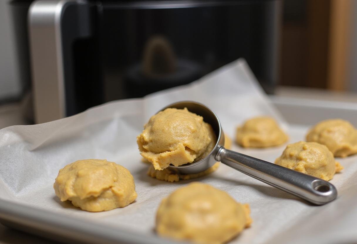 Scoop cookie dough for air fryer cookie recipe, how long to bake cookies in air fryer.
