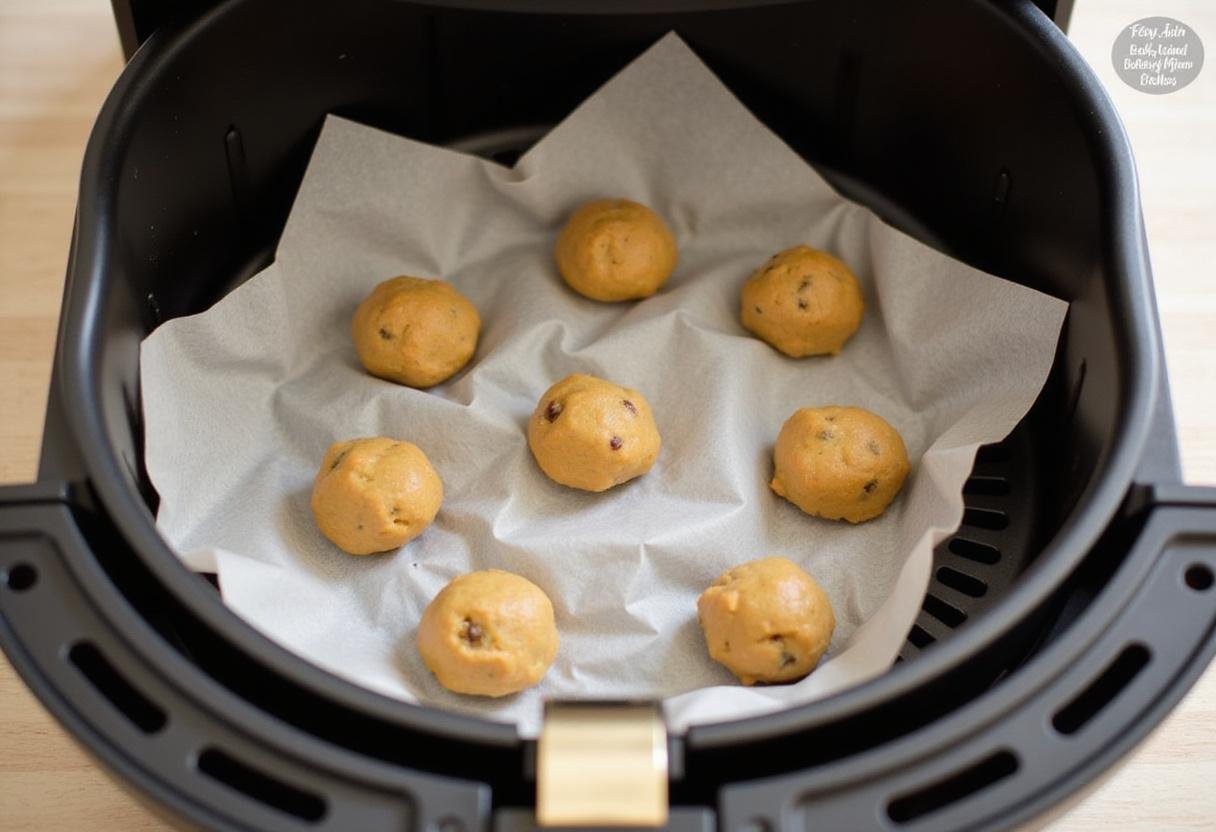 Loading cookie dough into air fryer for baking cookies, how long to bake cookies in air fryer.