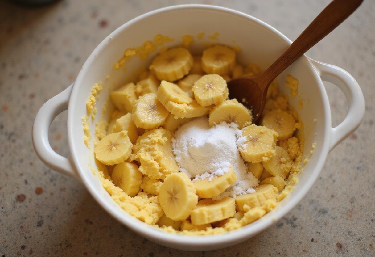 Ripe mashed bananas combined with sugar on countertop for banana bread cookies recipe.