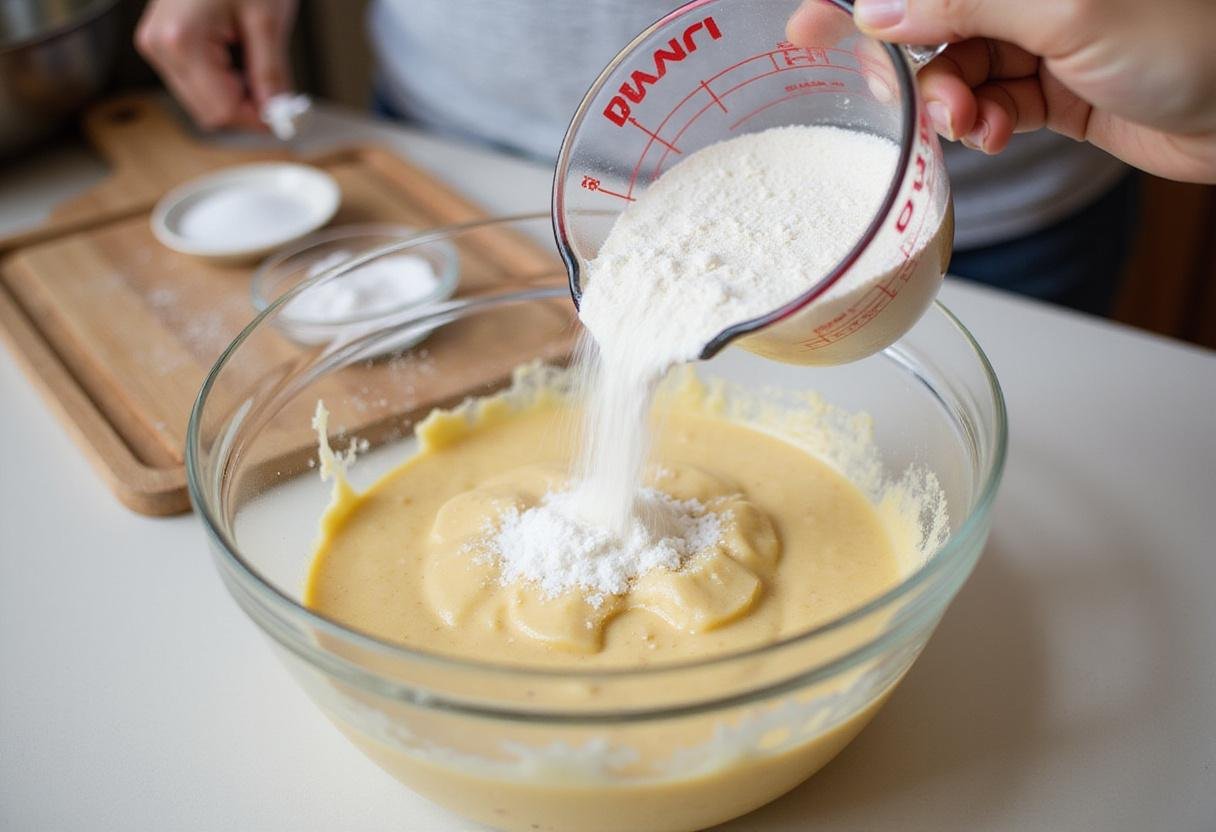 Flour being added to banana mixture for delicious banana bread cookies recipe.