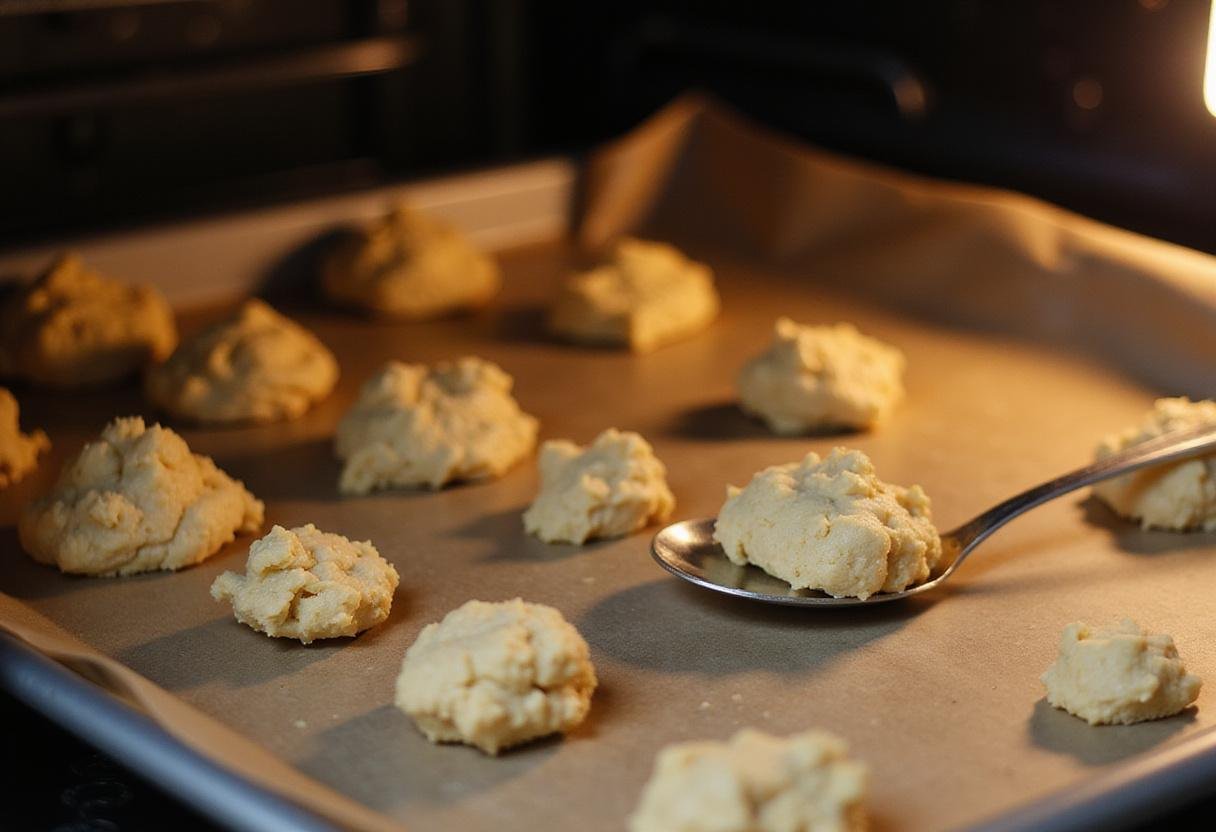 Placing spoonfuls of cookie dough on a baking sheet for the 3 ingredient sugar cookie recipe.