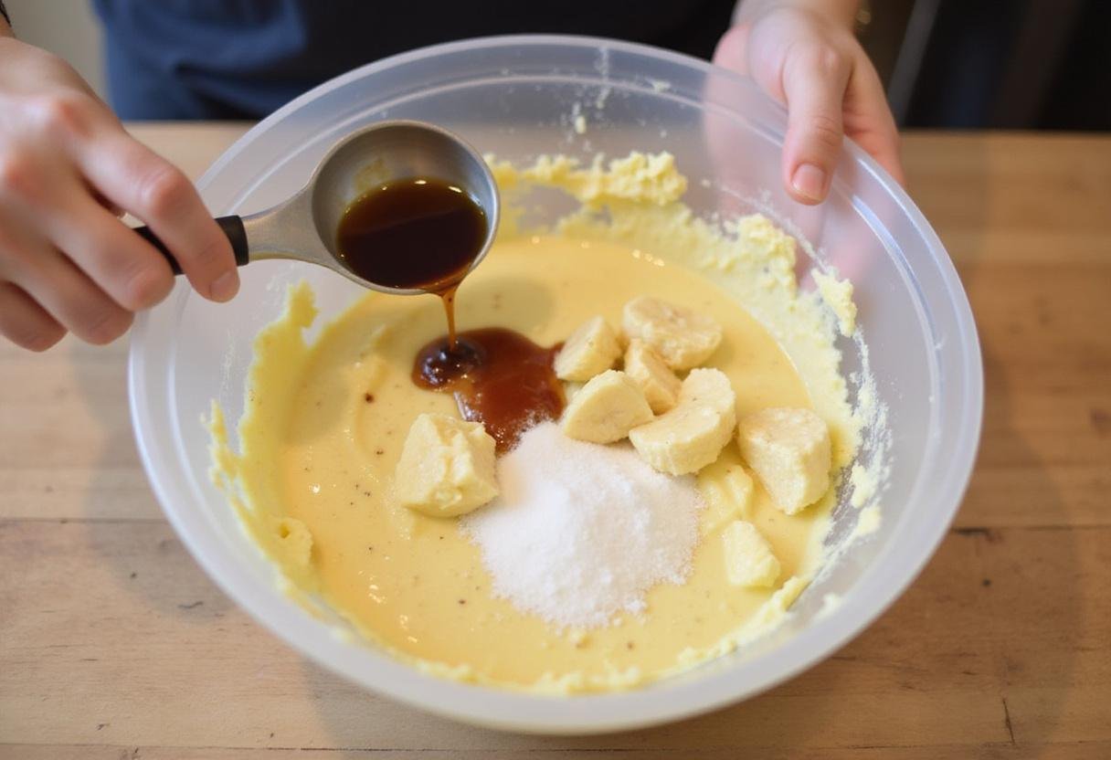 Creating a smooth batter for butterscotch chocolate chip cookies by mixing butter, sugar, and mashed bananas in a mixing bowl.