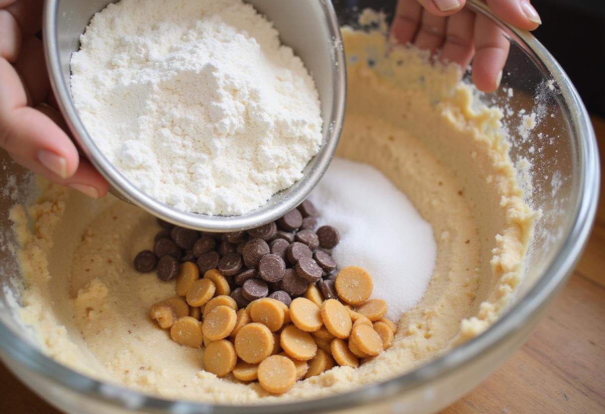 Incorporating flour, baking soda, salt, and delicious chocolate and butterscotch chips into the banana cookie dough mixture.