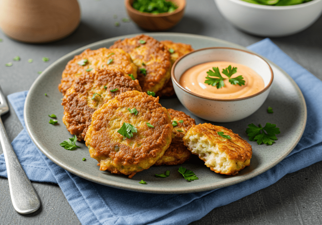 A plate of golden cauliflower fritters with a crispy texture, served with dipping sauce and garnished with fresh herbs.