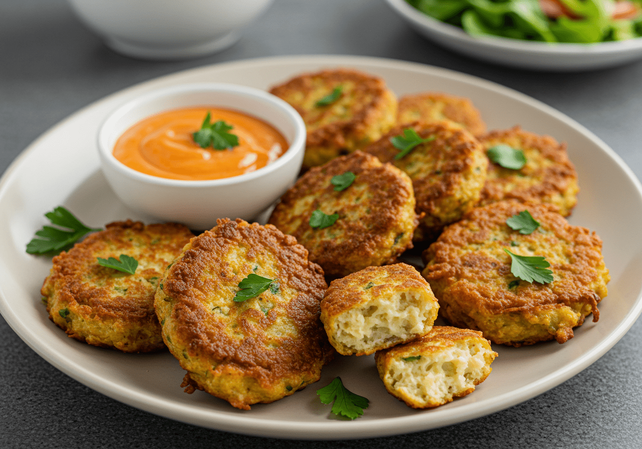 A plate of golden cauliflower fritters with a crispy texture, served with dipping sauce and garnished with fresh herbs.