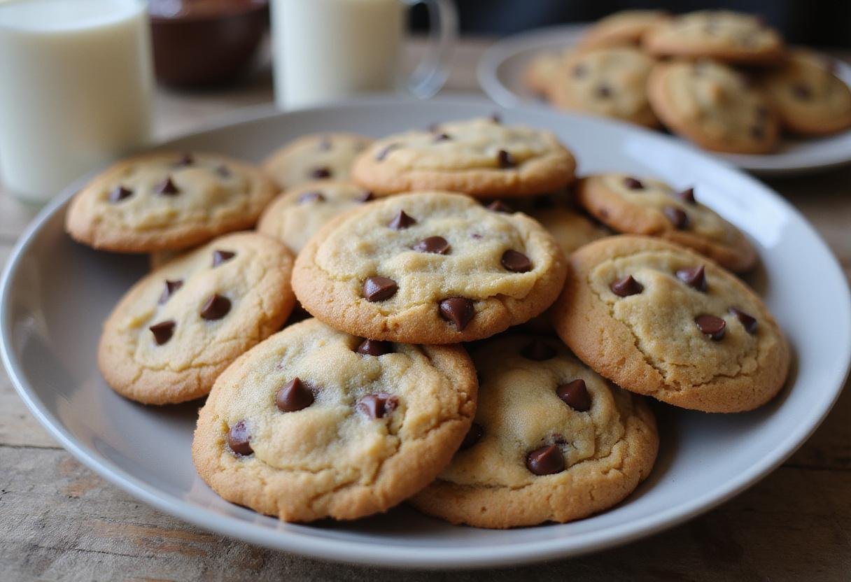 Displaying the final outcome of famous chocolate chip cookie recipes, featuring beautifully baked cookies reminiscent of Grandma's chocolate chip cookies, perfect for any occasion.