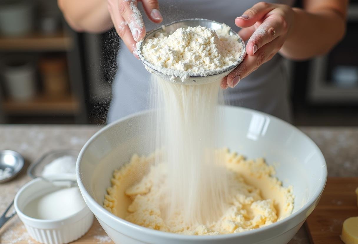 Focusing on the preparation of Joanna Gaines chocolate chip cookies as flour and baking soda are sifted into the mixture, an important step in classic cookie recipes.