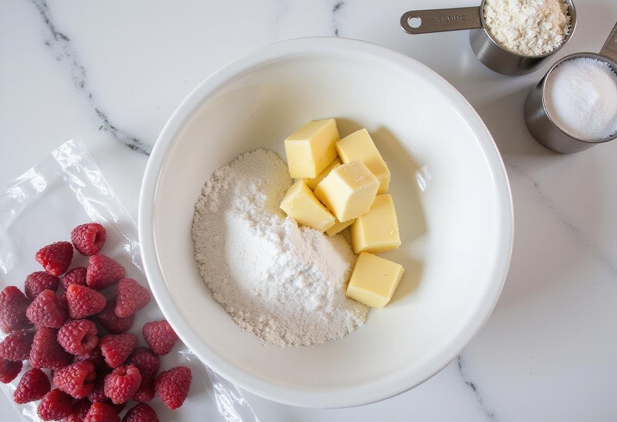 Preparation of the best white chocolate raspberry cookie recipe with butter, sugar, and fresh raspberries ready to be used.