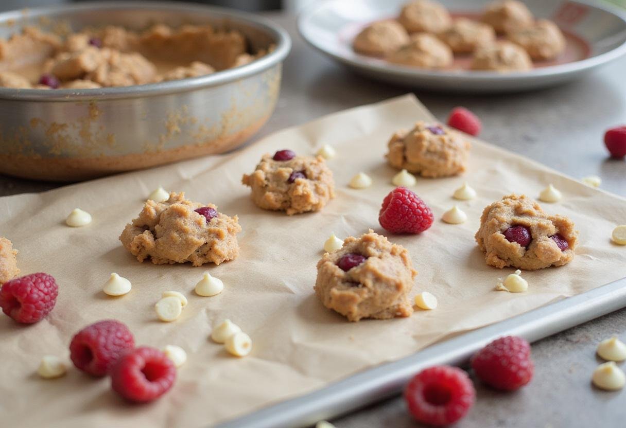 Preparing cookie dough for white chocolate raspberry cookies, shaped and ready on a baking sheet with white chocolate chips.