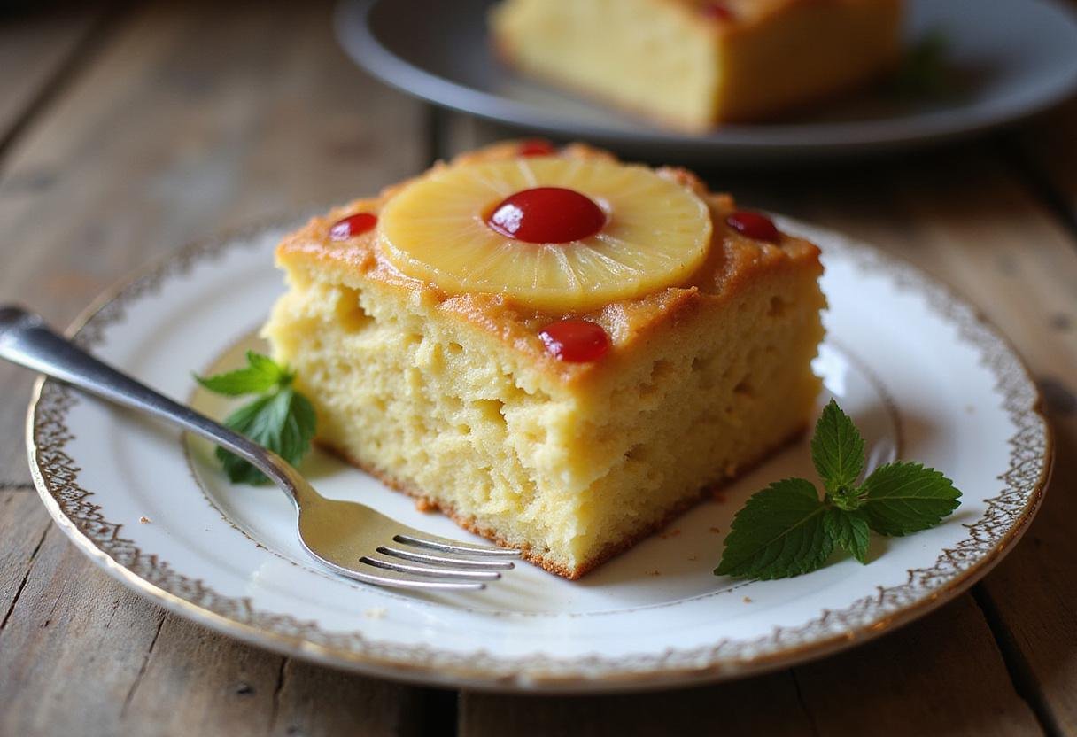 Serving a slice of pineapple upside down cake recipe with cake mix, showcasing its caramelized top and deliciousness on a rustic table.