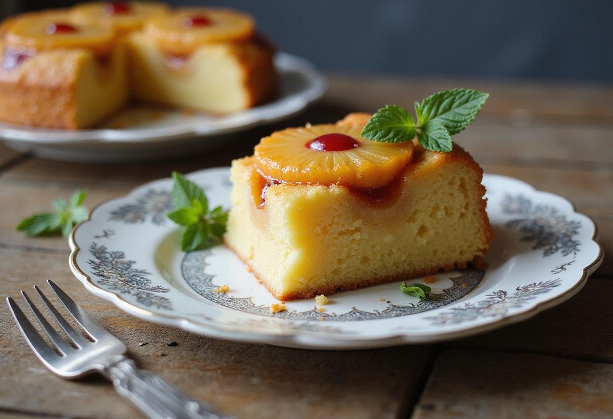 Serving a slice of pineapple upside down cake recipe with cake mix, showcasing its caramelized top and deliciousness on a rustic table.