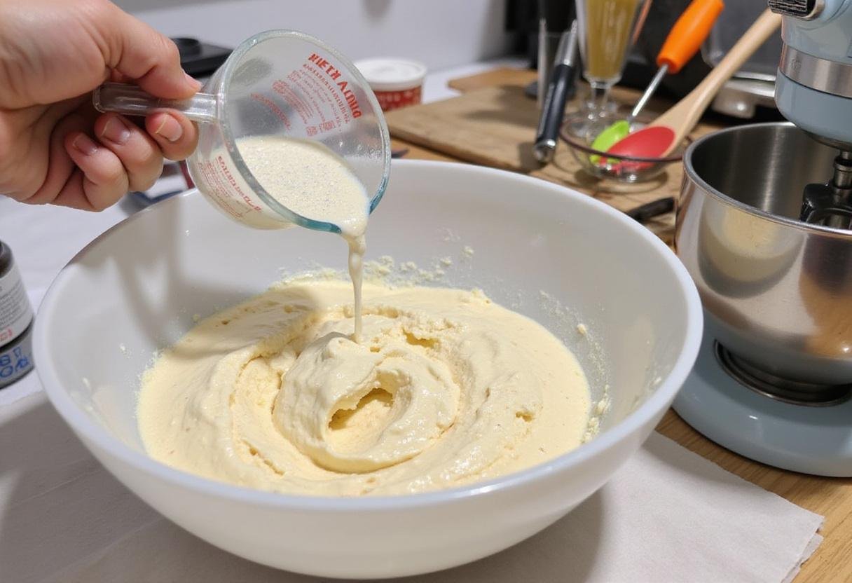 Mixing cake mix ingredients for a delicious pineapple upside down cake with cake mix in a well-equipped kitchen.