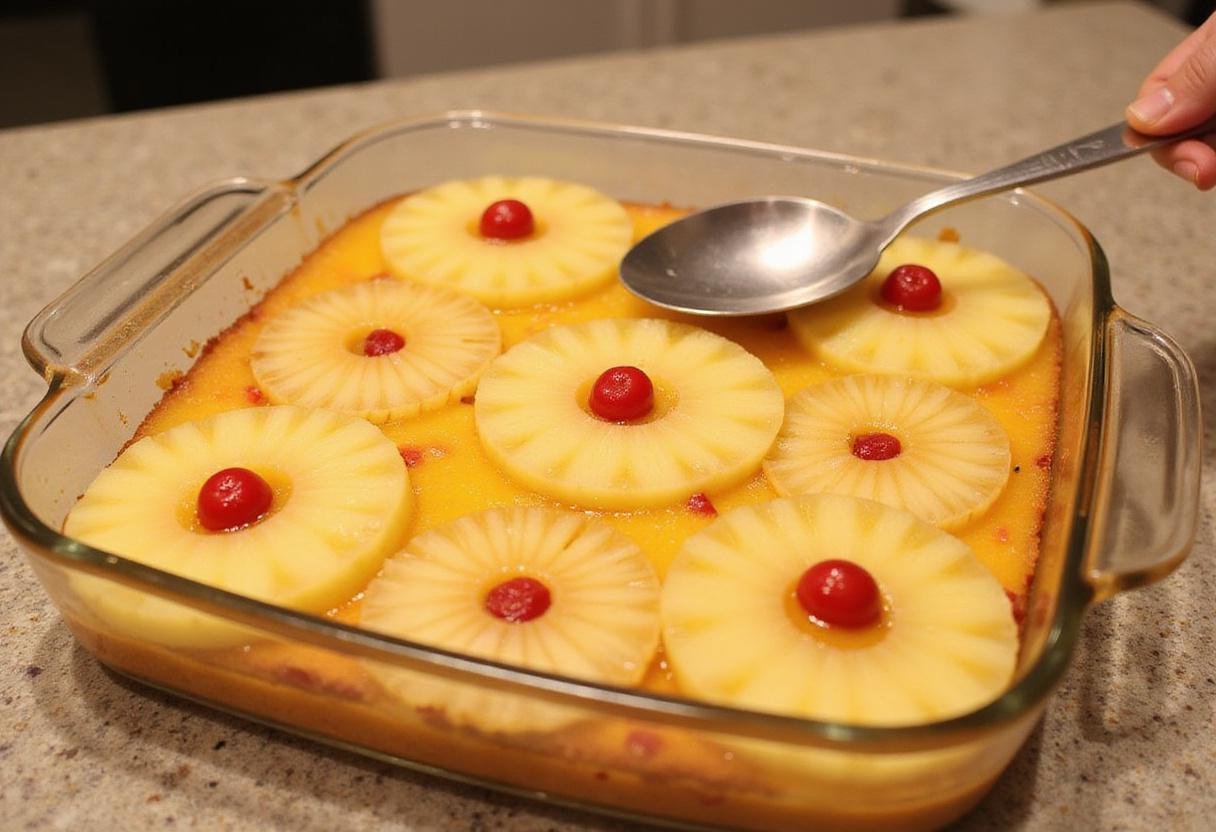 Preparing an easy pineapple upside down cake with box mix in a baking dish, featuring vibrant cherries and pineapples.