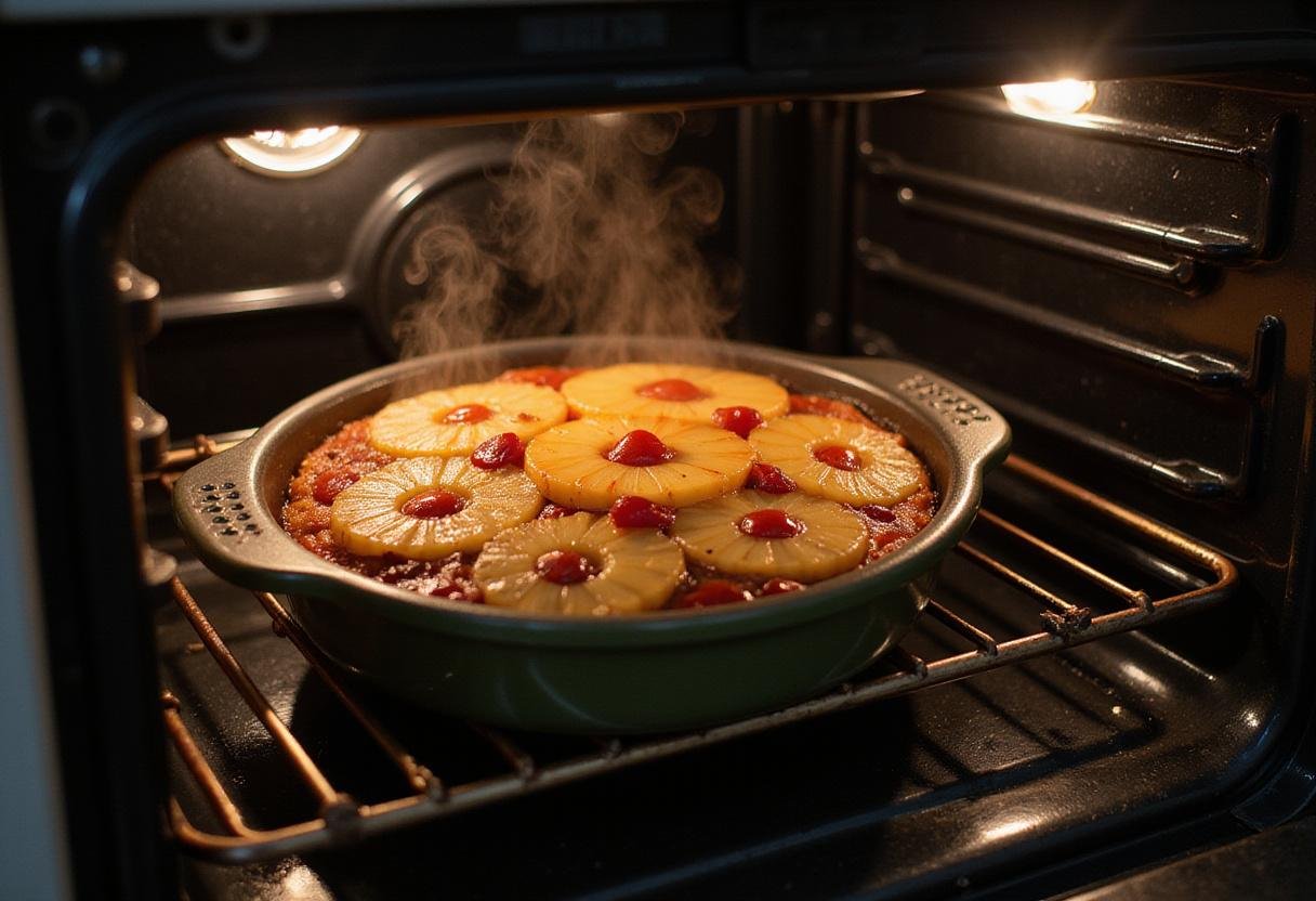 Baking a pineapple upside down cake from box mix in the oven, highlighting the rise and color of the cake.