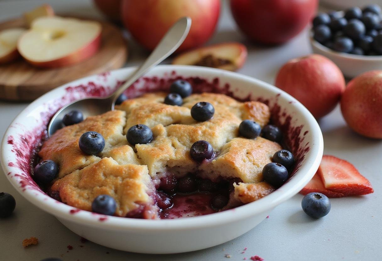 Preparing a berry cobbler with cake mix, featuring fresh blueberries and apples in a mixing bowl on the countertop.