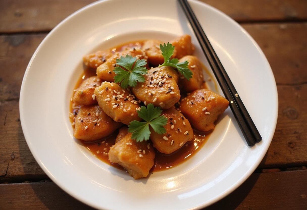 Final presentation of Cheesecake Factory orange chicken meal with stunning garnishes, perfect for a delicious dinner.