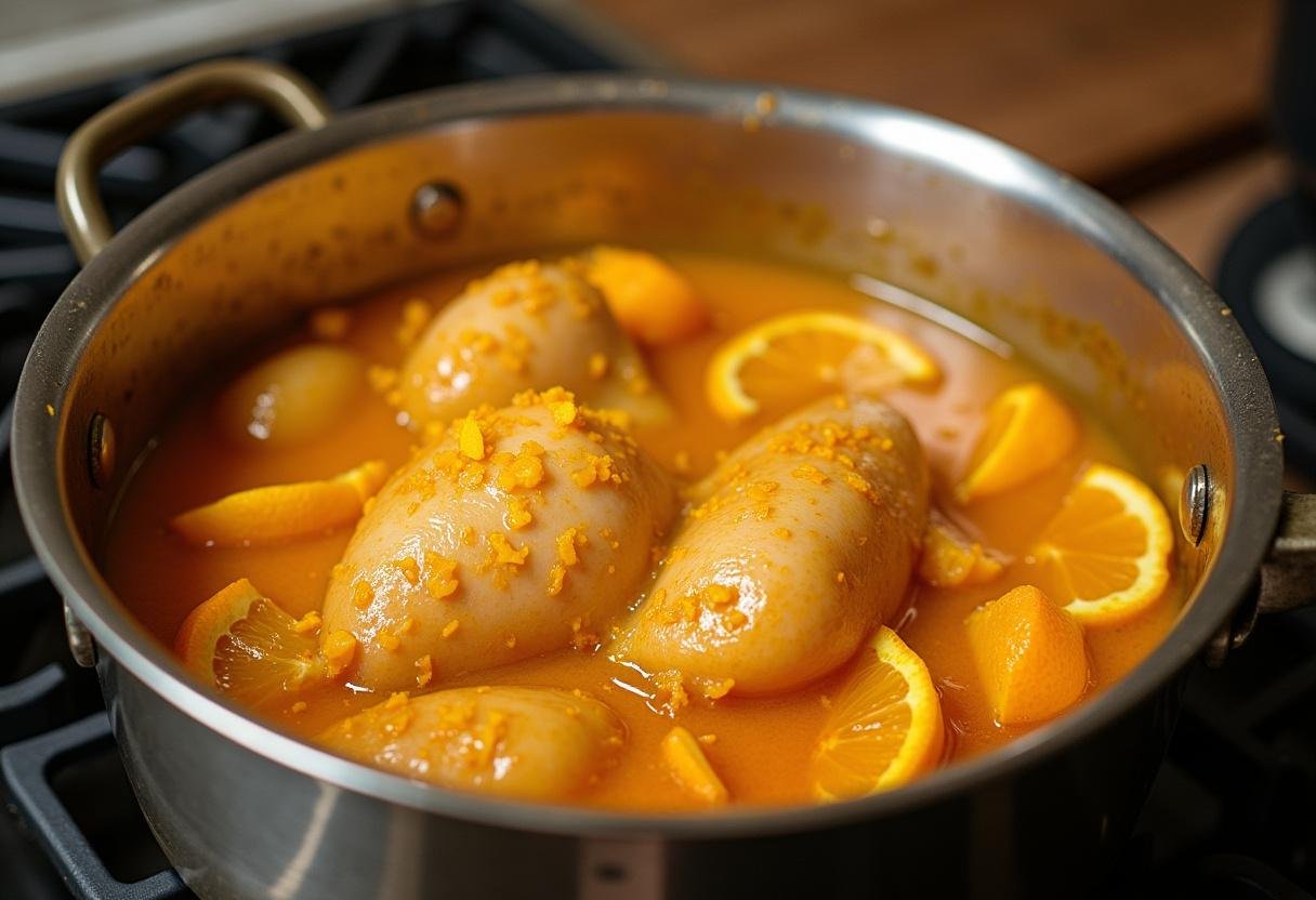 Simmering orange sauce for Cheesecake Factory orange chicken, emphasizing the vibrant colors and textures of ingredients.