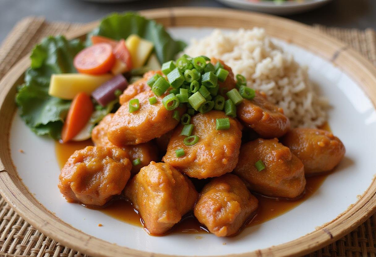 Serving crispy orange chicken inspired by Cheesecake Factory, elegantly plated with rice and vegetables.