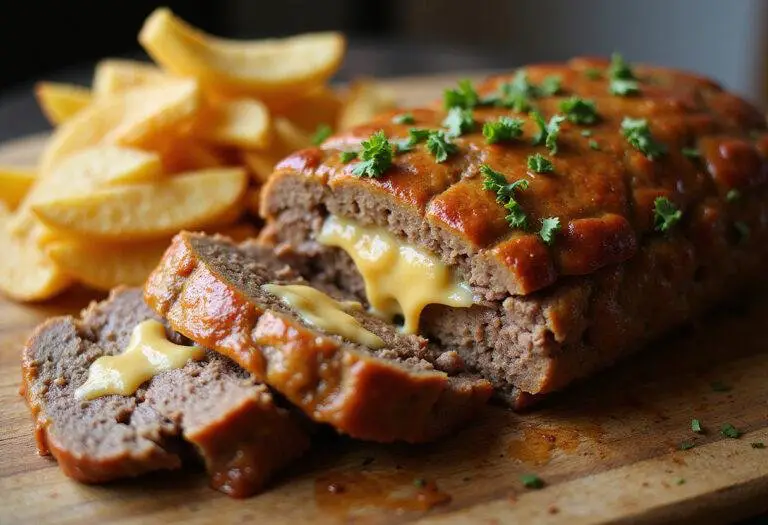 Deliciously sliced philly cheesesteak meatloaf on a cutting board with cheese and fries.