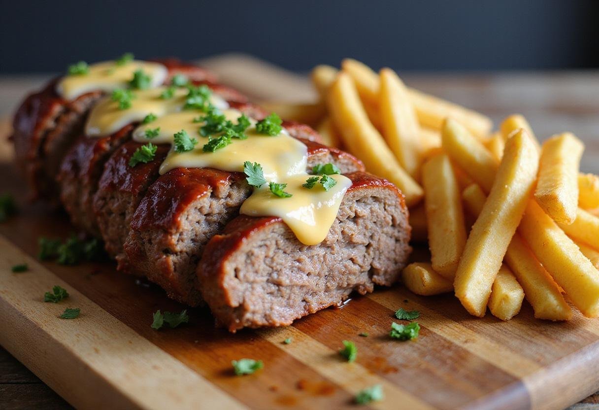 Deliciously sliced philly cheesesteak meatloaf on a cutting board with cheese and fries.