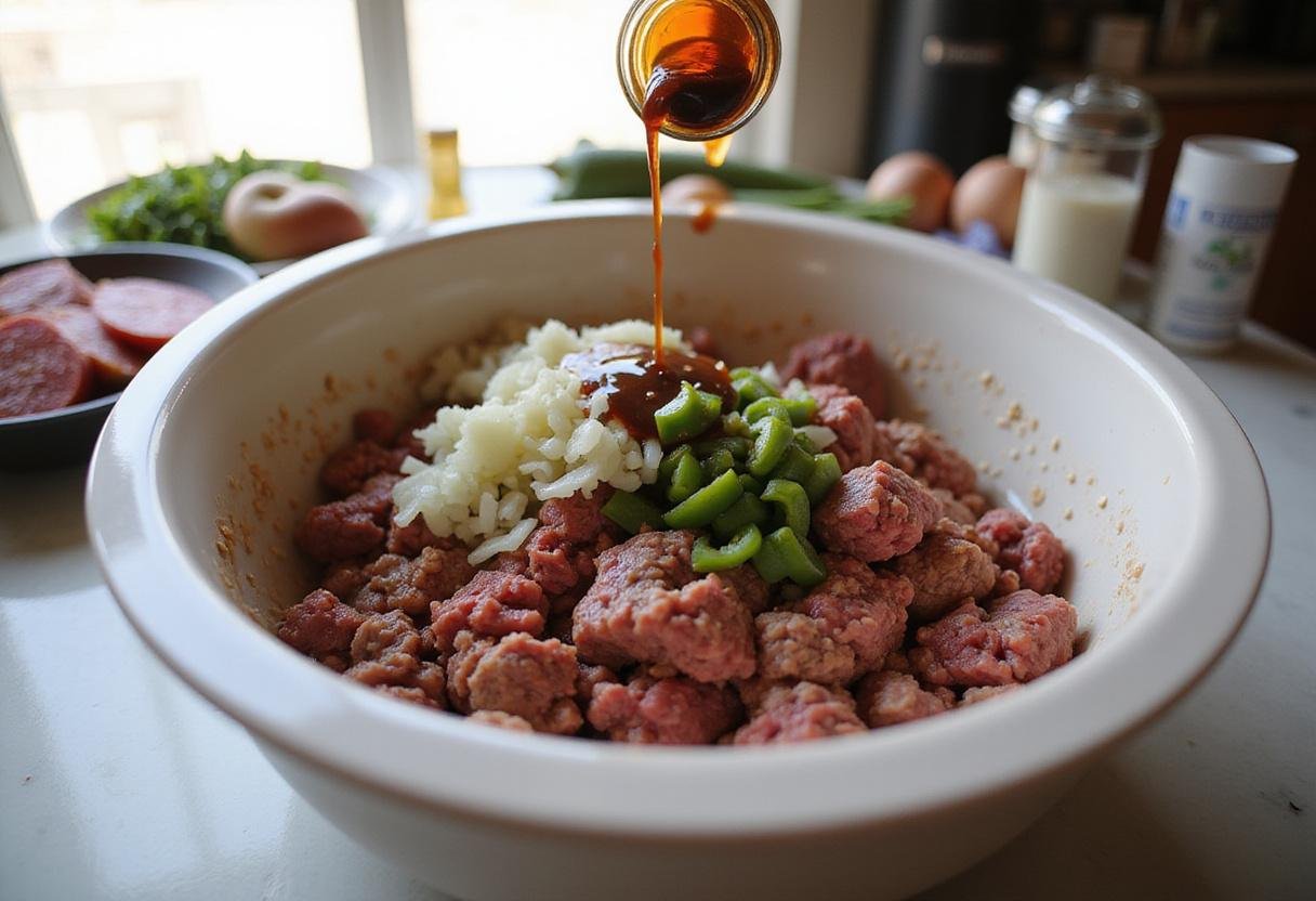 Preparing philly cheesesteak meatloaf mixture with ground beef, onions, and bell peppers.