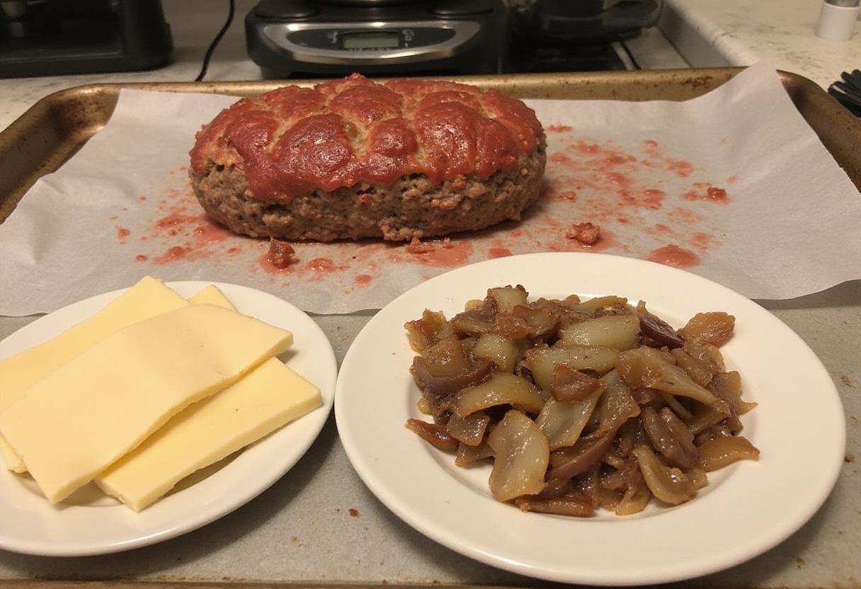 Shaping the cheesesteak meatloaf on a baking sheet with provolone cheese and sautéed onions.