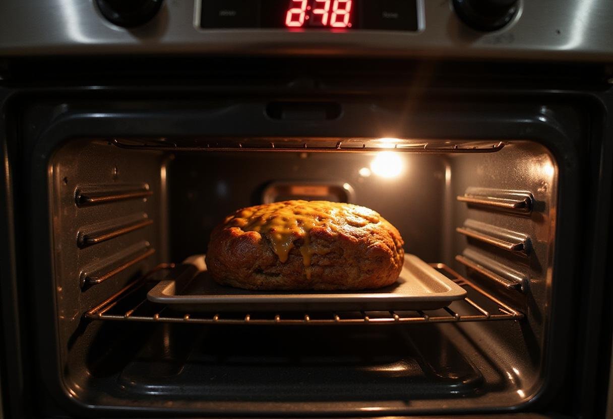 Cheesesteak meatloaf baking in the oven, filling the kitchen with savory aromas.